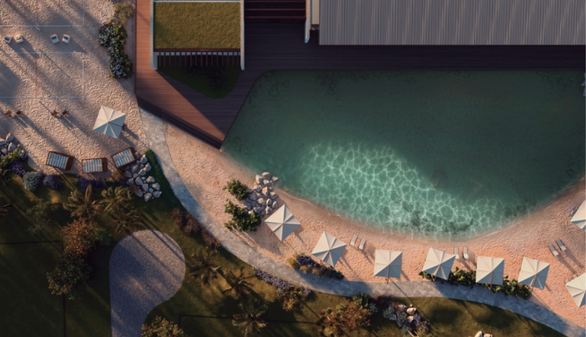 Vista aérea da praia junto ao clube.