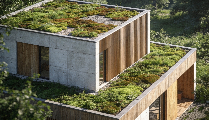 Casa com telhado verde